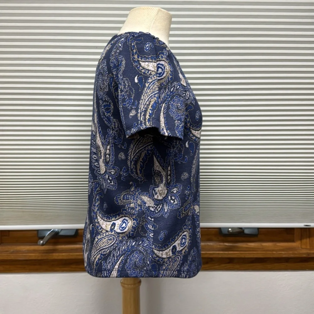 Anthropologie Demeter Blue Paisley Sparkly Puff Short Sleeve Knit Top Size XS